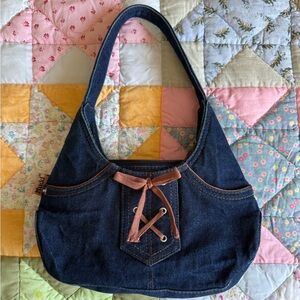 Mudd Y2K Denim Shoulder Bag with Front Lace-Up Detail